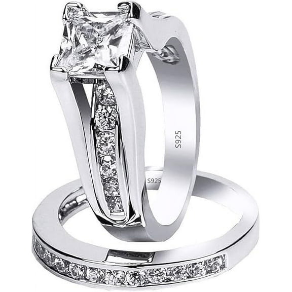 Rag Jewels 2.30 Ct Princess Cut White Diamond Engagement Wedding Thanksgiving Christmas Bridal Ring Set 14K White Gold Plated 925 Sterling Silver For Women's -4