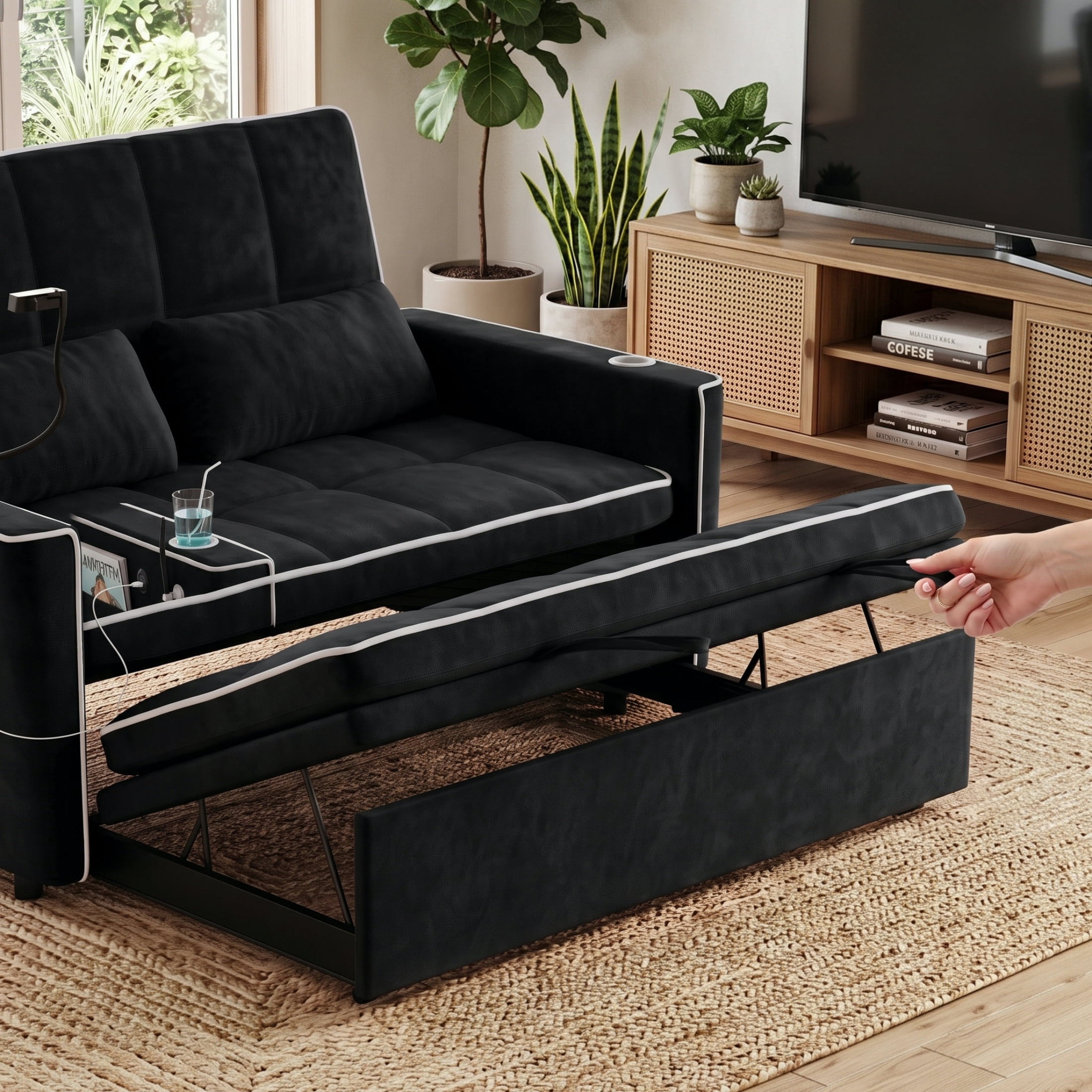 Vinform Sleeper Sofa Bed, 3 in 1 Convertible Loveseat with Phone & Cup Colder for Small Space, Black
