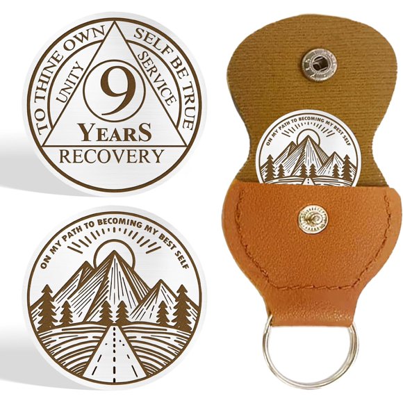 IELCJJ 9 Years Triplate Sobriety Coin - Sobriety Chip - AA Cions and Medallions - Alcoholics Anonymous Recovery Gifts for Men Women Sober Token with PU Leather Keychain