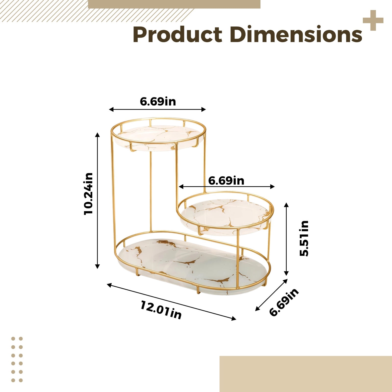 Gold Makeup Organizer, 3 Tier Countertop Bathroom Organizer, Perfume Tray, Iron Vanity Shelf, Height 10.2 in / 26 cm, White Faux Marble Texture