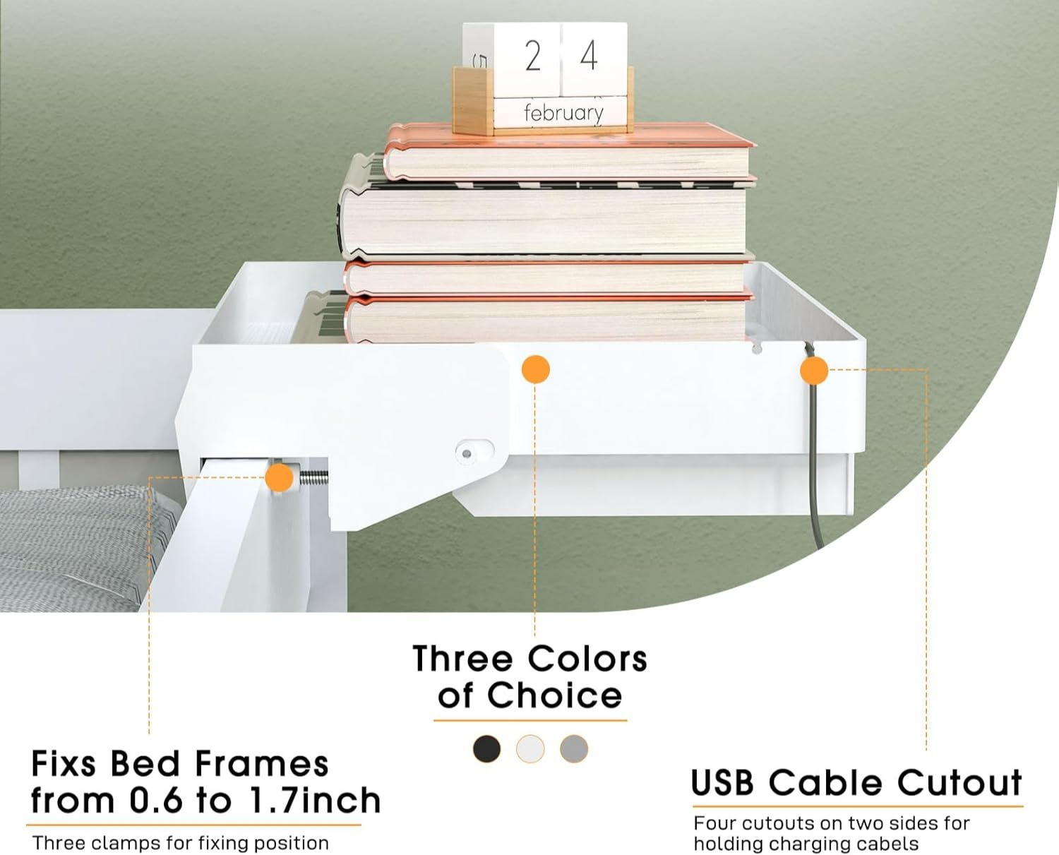 LLMRR BEDSIDE SHELF, FOLDABLE BUNK BED SHELF, ATTACHABLE BEDSIDE TABLE WITH HOOKS, COLLEGE DORM ROOM ESSENTIALS, BEDSIDE CADDY TRAY ORGANIZER FOR LOFT BED, DORM BED, WHITE, WITH DRAWER