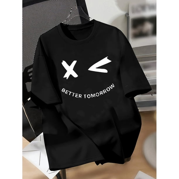 Teen Boys Casual Short Sleeve T-Shirt with Happy Face Geometric Design Print, Regular Fit Crew Neck, Machine Washable Spring Summer Tops, Teen Boys Shirt, Spring Summer Clothing