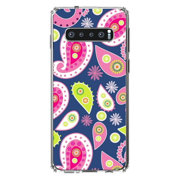 DistinctInk Clear Shockproof Hybrid Case for Samsung Galaxy S10  PLUS(6.4" Screen) - TPU Bumper, Acrylic Back, Tempered Glass Screen Protector - Pink Green Navy Paisley
