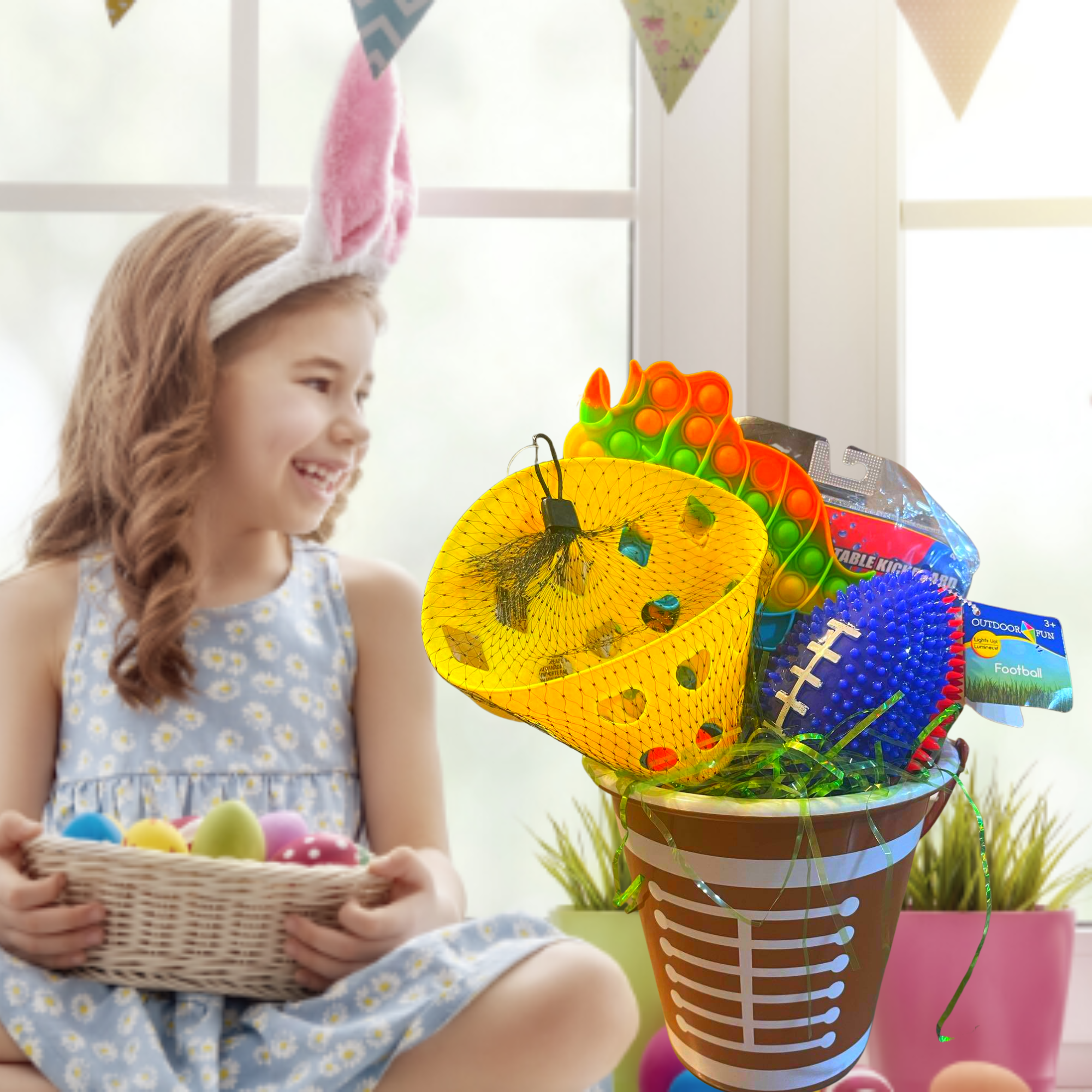 Easter Gift Basket with Inflatable Kickboard, Launch and Catch Ball Toys Two-Tone Football Easter Candies & Reusable Bucket for Boys Holiday Summer Outdoor Fun Gifts (Contents Vary)