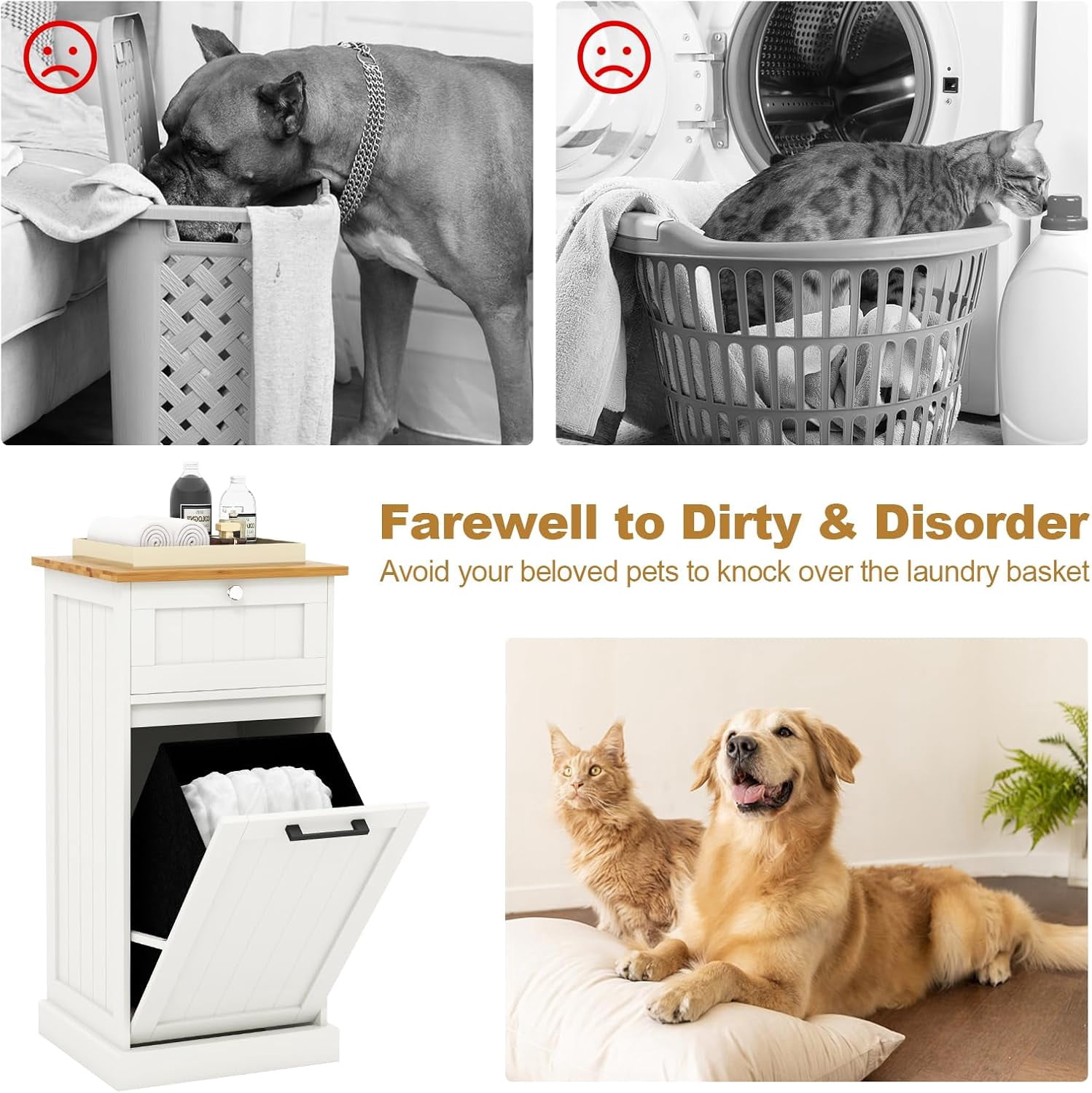 Tilt Out Laundry Cabinet, 10 Gallon Wood Hidden Hamper Cabinet with Removable Basket, Drawer, Bamboo Countertop, Bathroom Storage Cabinet, White