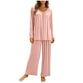 thumbnail image 4 of Tnhcen Women's Summer Lightweight Solid Color Modal Cotton Polyester Long Sleeve Long Pants Pajama Set Elastic Waist Drawstring Breathable Comfortable Loungewear, 4 of 5