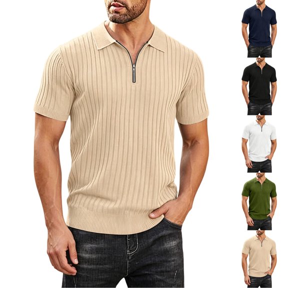 Men's Vertical Ribbed Knit Quarter Zip Polo Shirts, Short Sleeve Collared Casual Knitwear Khaki