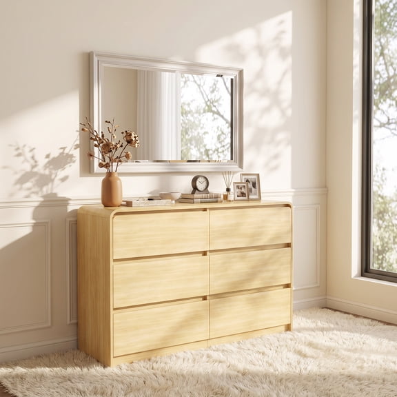 Kadyn 6-Drawer Storage Organizer, Wide Chest of Dresser for Living Room, Natural Wood