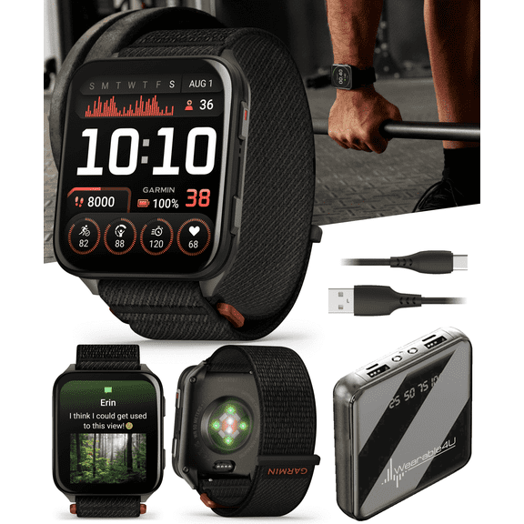 Garmin Venu X1 Thin and Lightweight GPS Smartwatch, AMOLED Display, Black with Slate Titanium Comfort Fit Nylon Band with Wearable4U Power Bank Bundle