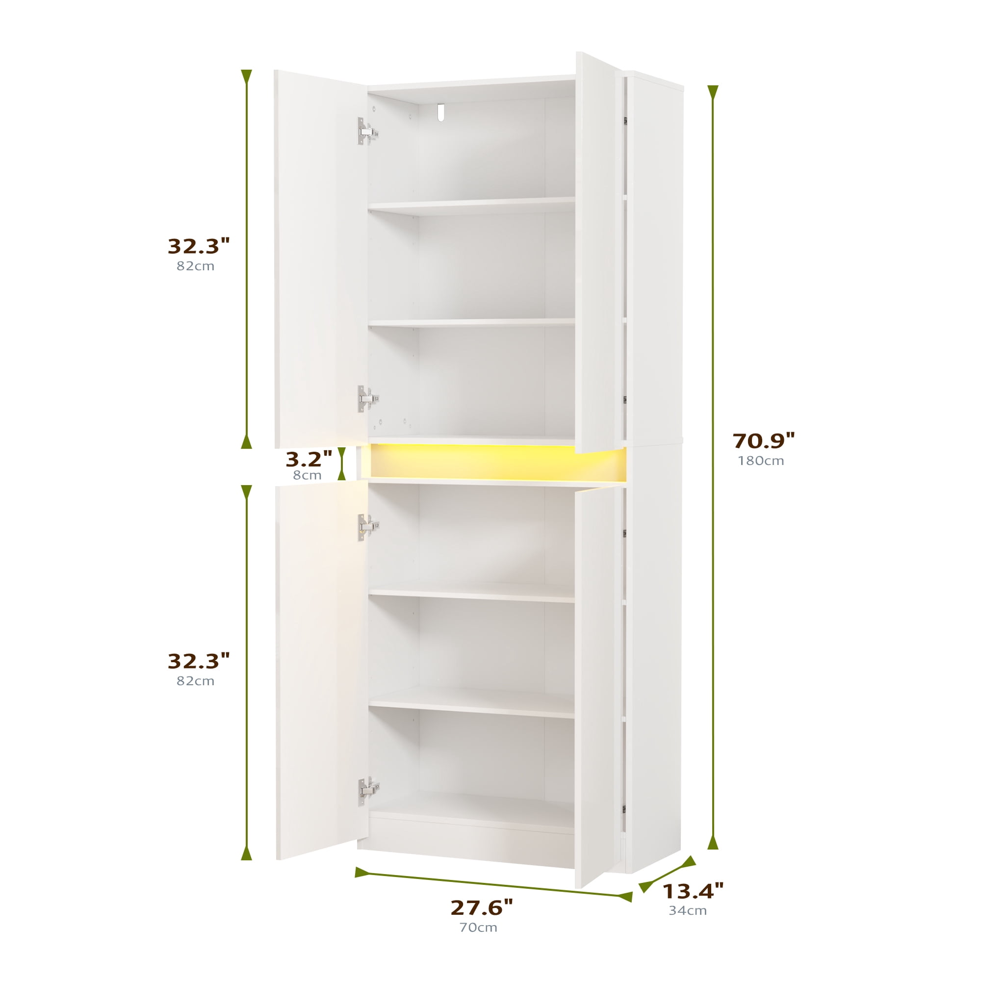 71" Tall Kitchen Pantry, Pantry Storage Cabinet with High Gloss Doors, Modern Buffet Hutch Cabinet with Led Light and Adjustable Shelves for Dining Room, Living Room, White