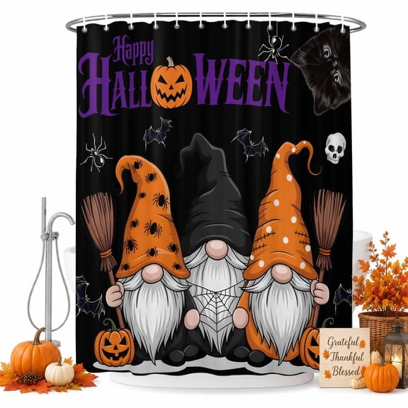 Halloween Gnomes Shower Curtain Set - 72" x 78" Washable Bathtub Curtain with 12 Hooks, Black Bats Skulls Pumpkins Waterproof Fabric Stall Shower Curtains for Bathroom/Bathtub Décor