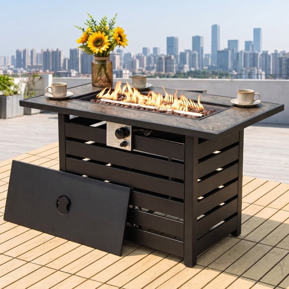 Dreischwarz 42" Propane Fire Pit Table, 50,000 BTU, Ore Powder Top, PVC Cover