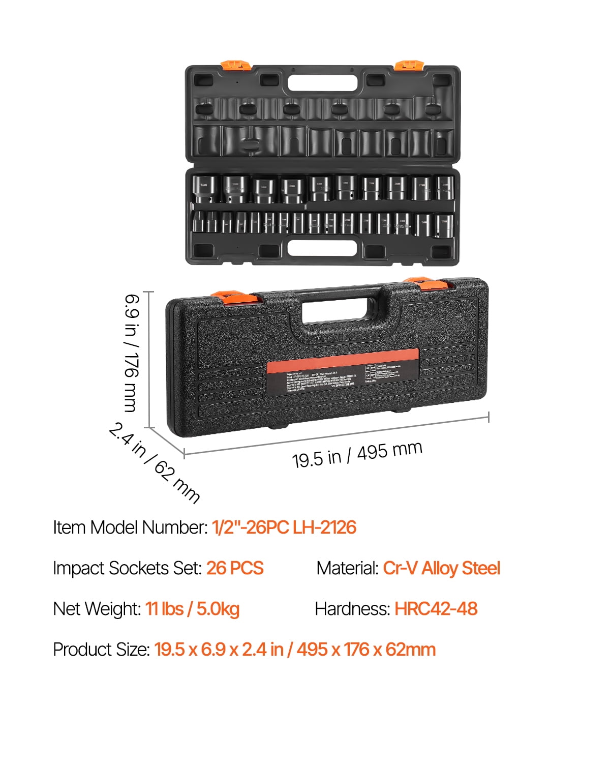 KFFKFF 26-Piece 1/2-Inch Drive Impact Socket Set, 6-Point Shallow Sockets, Durable CR-V Construction, Metric Sizes 10mm-36mm, Includes Storage Case