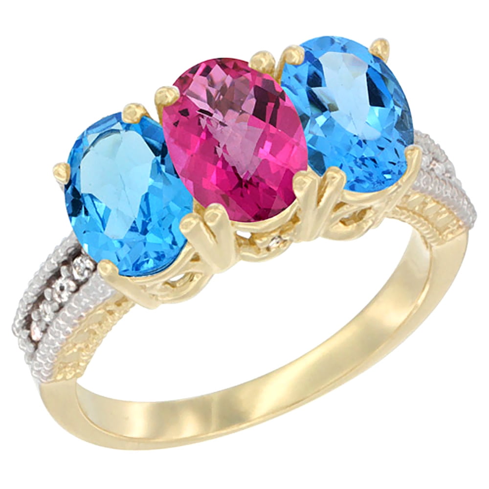 10K Yellow Gold Diamond Natural Pink Topaz & Swiss Blue Topaz Sides Ring 3-Stone Oval 7x5 mm, sizes 5 10 by WorldJewels