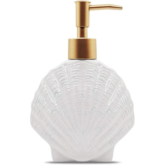 XUET Shell-Shaped Soap Dispenser White Ceramic Lotion Bottle with Golden Matte Pump Home Décor for Bathroom Kitchen