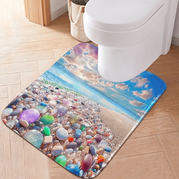 Toilet Rug U-Shaped Bathroom Rugs Non-Slip Soft Plush Machine Washable Contour Bath Mat Sea and Colorful Cobblestone 24x20