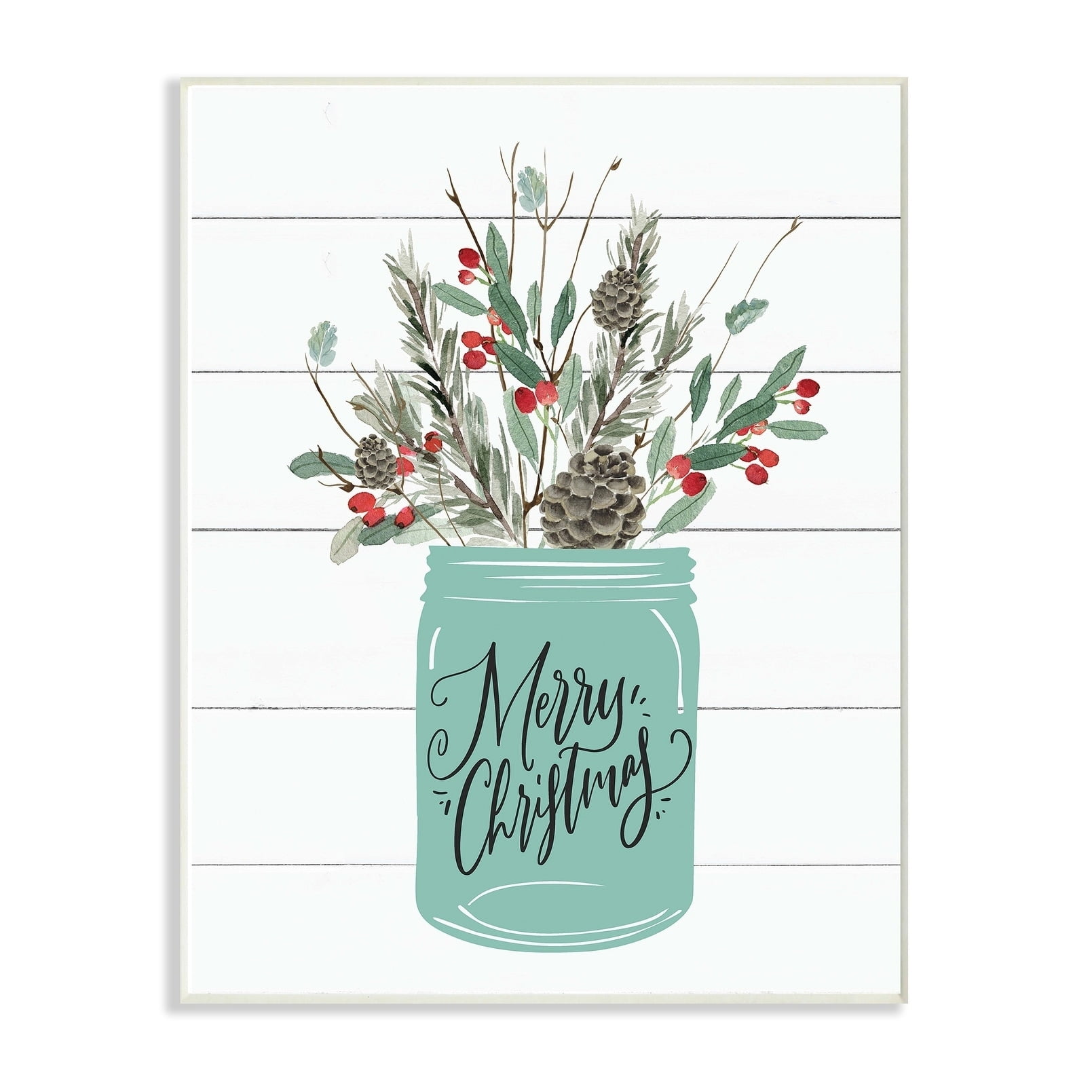The Stupell Home Decor Collection Holiday Merry Christmas Mason Jar with Holly and Pinecones Wall Plaque Art, 10 x 0.5 x 15