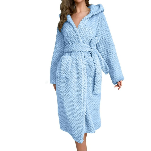 PEASKJP Tie Front Robe for Women Luxury Terry Cloth Bathrobe - Soft Rayon & Cotton, Light Blue One Size