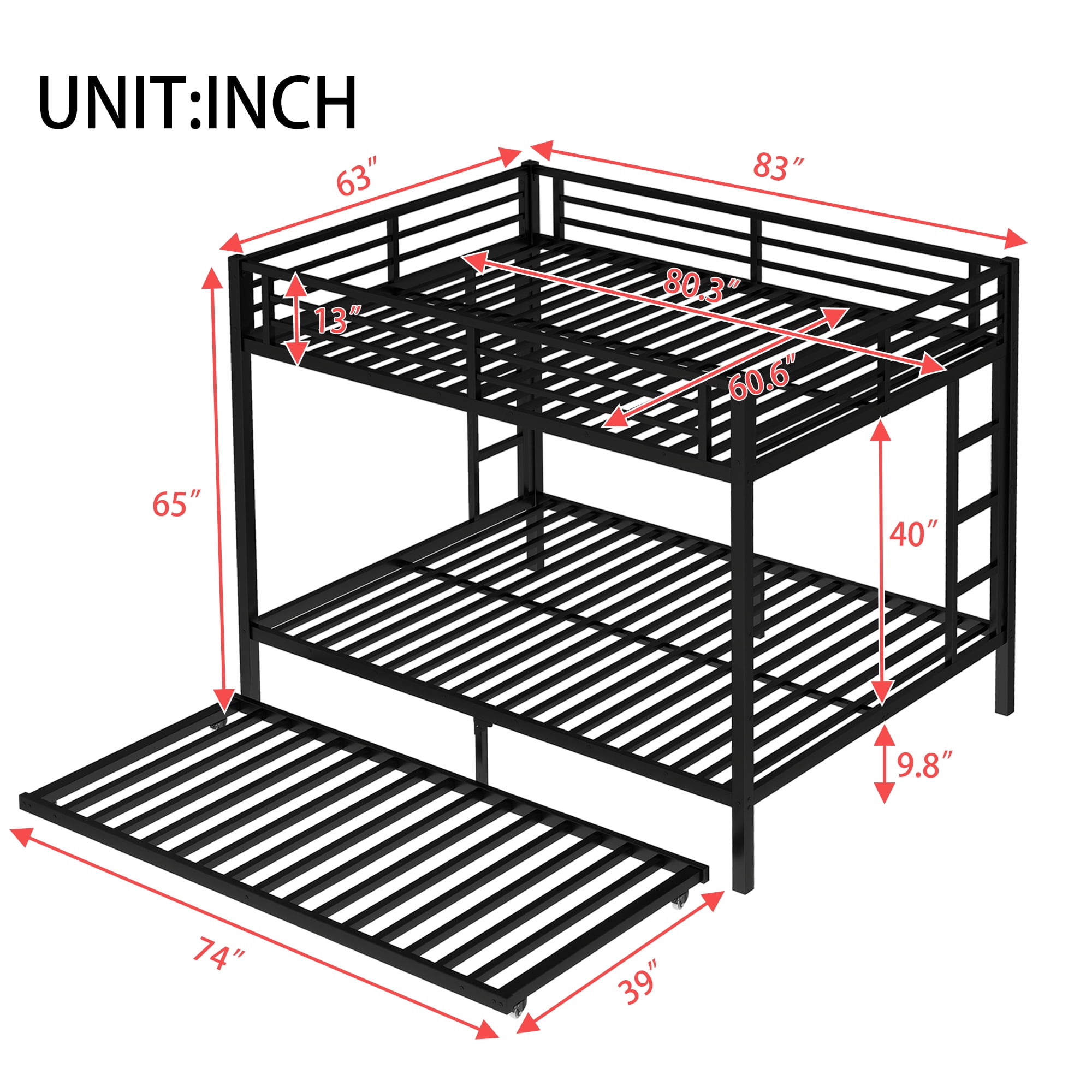 Leumius Queen over Queen Bunk Bed with Twin Size Trundle, Metal Bunk Bed for Kids and Teens, Black