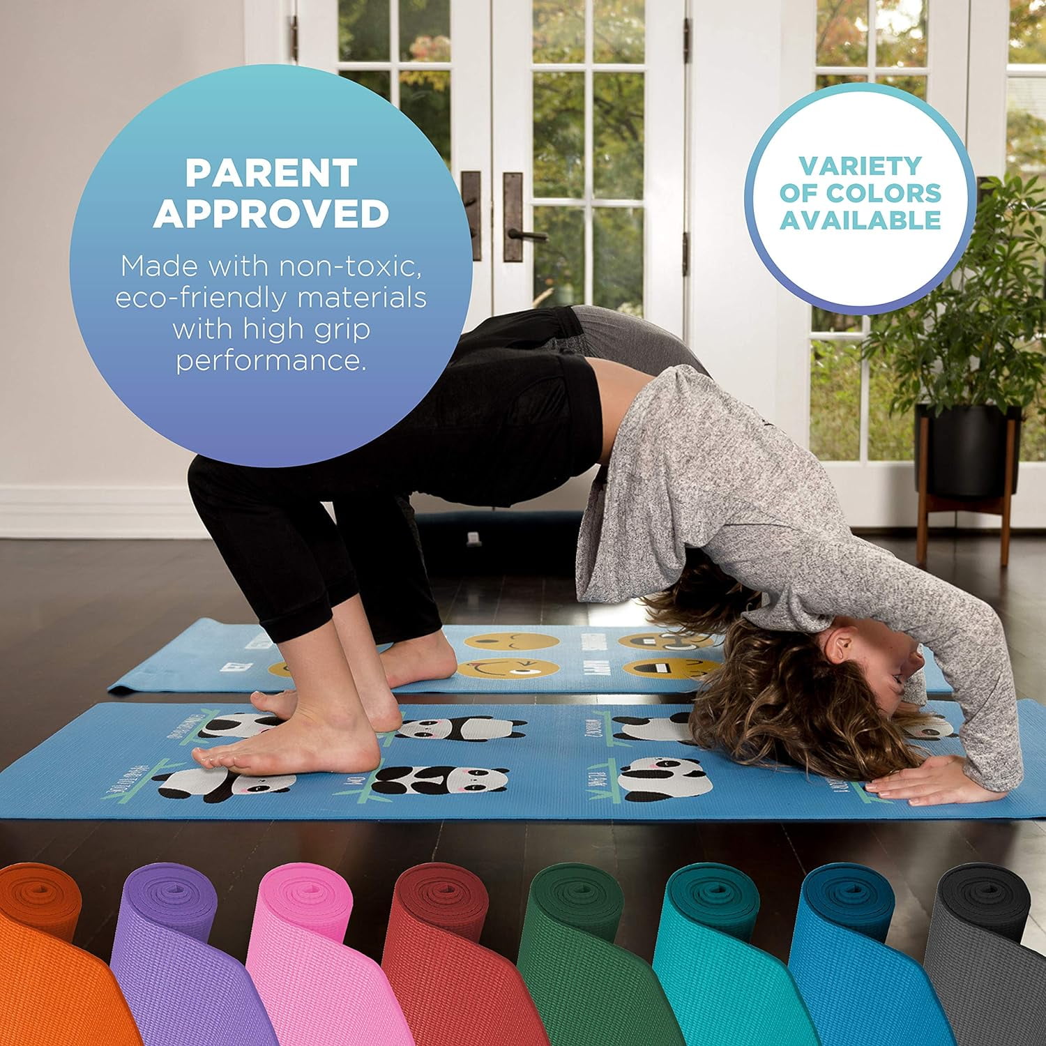Sticky 60" x24" Yoga Mat - 3mm Thick Comfortable Workout Floor Mat for Kids - Foldable Yoga Mat for Yoga, Pilates, Gym and Stretching, Jelly Bean Panda