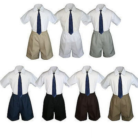 3pc Set BoyToddler Formal Party Navy Necktie White Black White Khaki Shorts S-4T