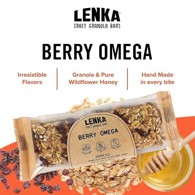 LENKA Handmade Craft Granola Bars - Berry Omega Gluten Free High Fiber - Nutritious Snack Bar with Granola - 12 Pack