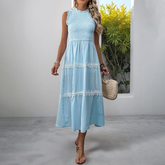 Women's Striped Dress, Sleeveless Midi Dress with Ruffle Hem, Pulled Stripe Design for Casual Summer Wear