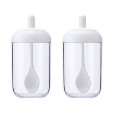2 Pcs Bol à Sucre de Cuisine Pot à Sel Pot de Rangement pour Poivre Récipient à Assaisonnement Porte-Épices en Plastique avec Couvercle et Cuillère (Blanc)