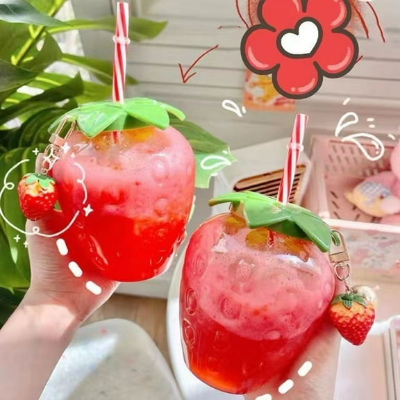 Strawberry Straw Cup Portable Water Cup For Women Students Big Kids Teens, Casual Milk Tea Daily Use Cup With Straw & Hanging Charm, Non-Hot Water Safe (1 Set Cup Straw