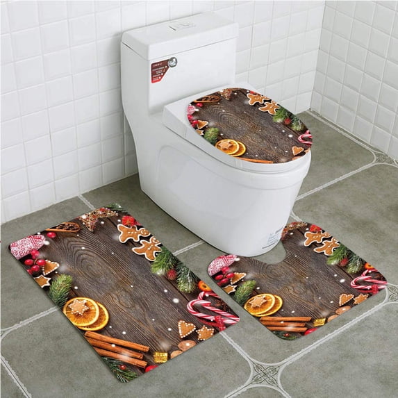 GOHAO Gingerbread Man Festive Christmas Frame Spices Biscuits Decorative Elements on 3 Piece Bathroom Rugs Set Bath Rug Contour Mat and Toilet Lid Cover