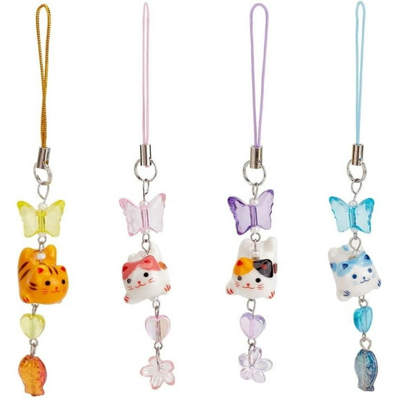 4 Styles Cats Phone Charms Porcelain Beaded Phone Strap Cartoon Animal Kitty Wrist Lanyard Acrylic Butterfly Mobilephone Accessories for Phone Cases Keychain Bag Car Hanging Ornaments Mixed Color