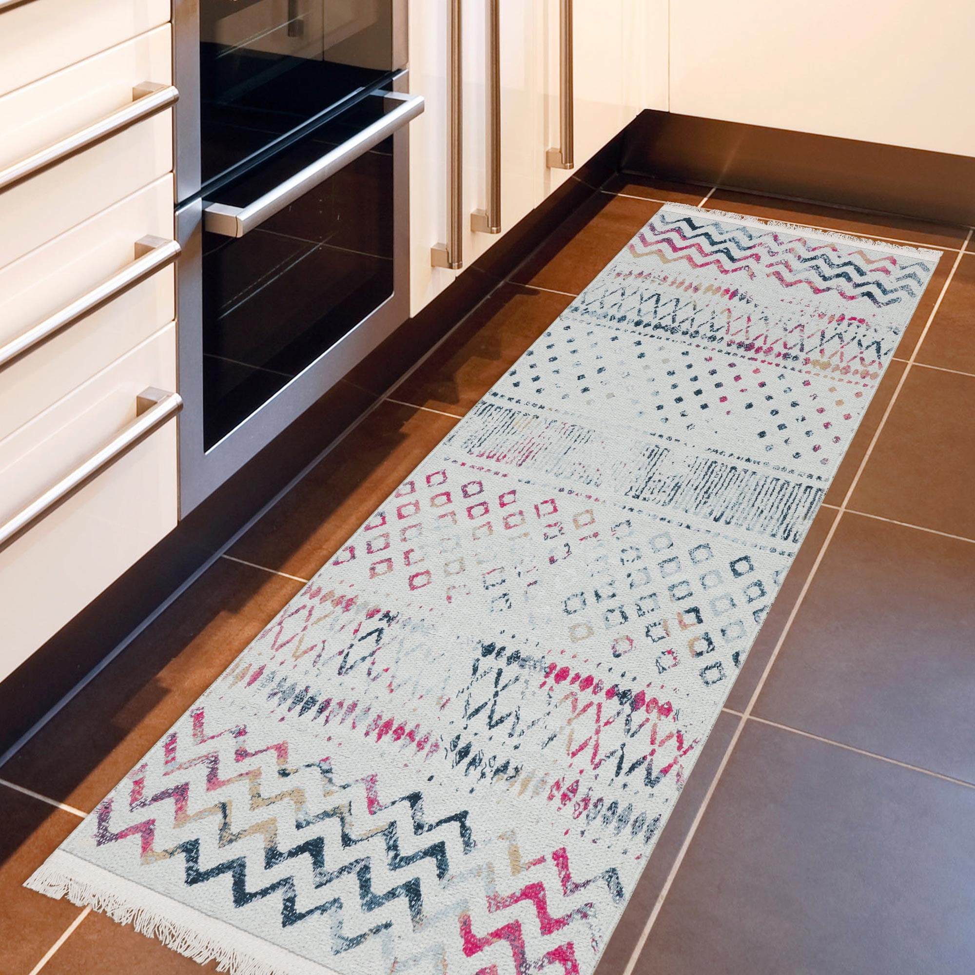 Ottomanson Machine Washable Cotton 2x5 Flatweave Runner Rug for Bedroom, 20" x 59", Off White/Multicolor Moroccan/Boho