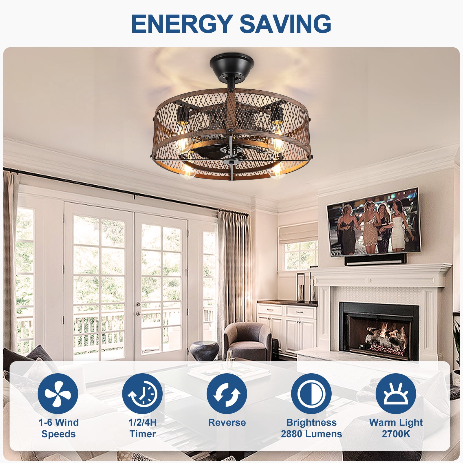 20-Inch Walnut Outdoor Ceiling Fan with Light: Ceiling Fan with Smart Remote Control, Farmhouse Cage Design, 6-Speed Reversible - Flush Mount for Patio, Kitchen, Bedroom