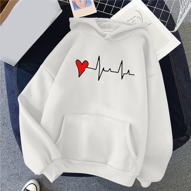 Qertyioot Plus Size Tops for Womens,Women's Comfortable Heart Pattern Printed Hooded Pocket Drawstring Sweater