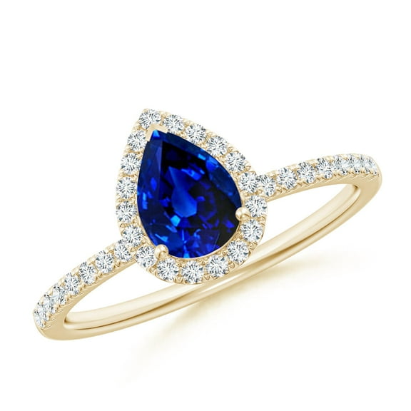 ANGARA Lab Grown Pear-Shaped Blue Sapphire Halo Engagement Ring for Women in 14K Yellow Gold (Size-7x5mm) | September Birthstone, Anniversary, Jewelry Gift for Women | Lab-Grown Blue Sapphire Ring