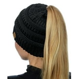Women Warm Visor Beanie Tail Cap Ponytail Soft Stretch High Bun Cable Knit Hat e