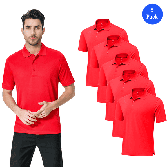Zfeel Men's Mesh Poly Short Sleeve Polo T-Shirt, Collared Cherry Red Tee, Pack of 5, Size S