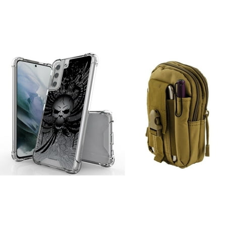 BC AquaFlex Series Bumper Case for Samsung Galaxy S21 with Tactical EDC MOLLE Pouch and Touch Tool - Skull Wings/Khaki