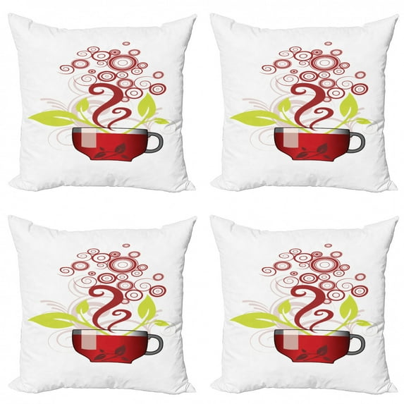 Tea Party Throw Pillow Cushion Case Pack of 4, Cup with Circles and Spirals Flying Out Leafy Details Natural Flourishes, Modern Accent Double-Sided Print, 4 Sizes, Green Paprika White, by Ambesonne