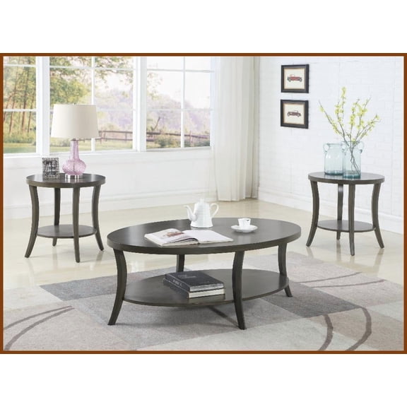 Perth Contemporary Gray Oval Coffee Table Set with 2 End Tables – Space-Saving Shelf for Living Room