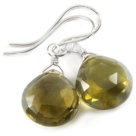 Sterling Silver Olive Green Smoky Quartz Earrings Faceted Briolette Heart Shaped Smokey Drops Designed for Adult Women