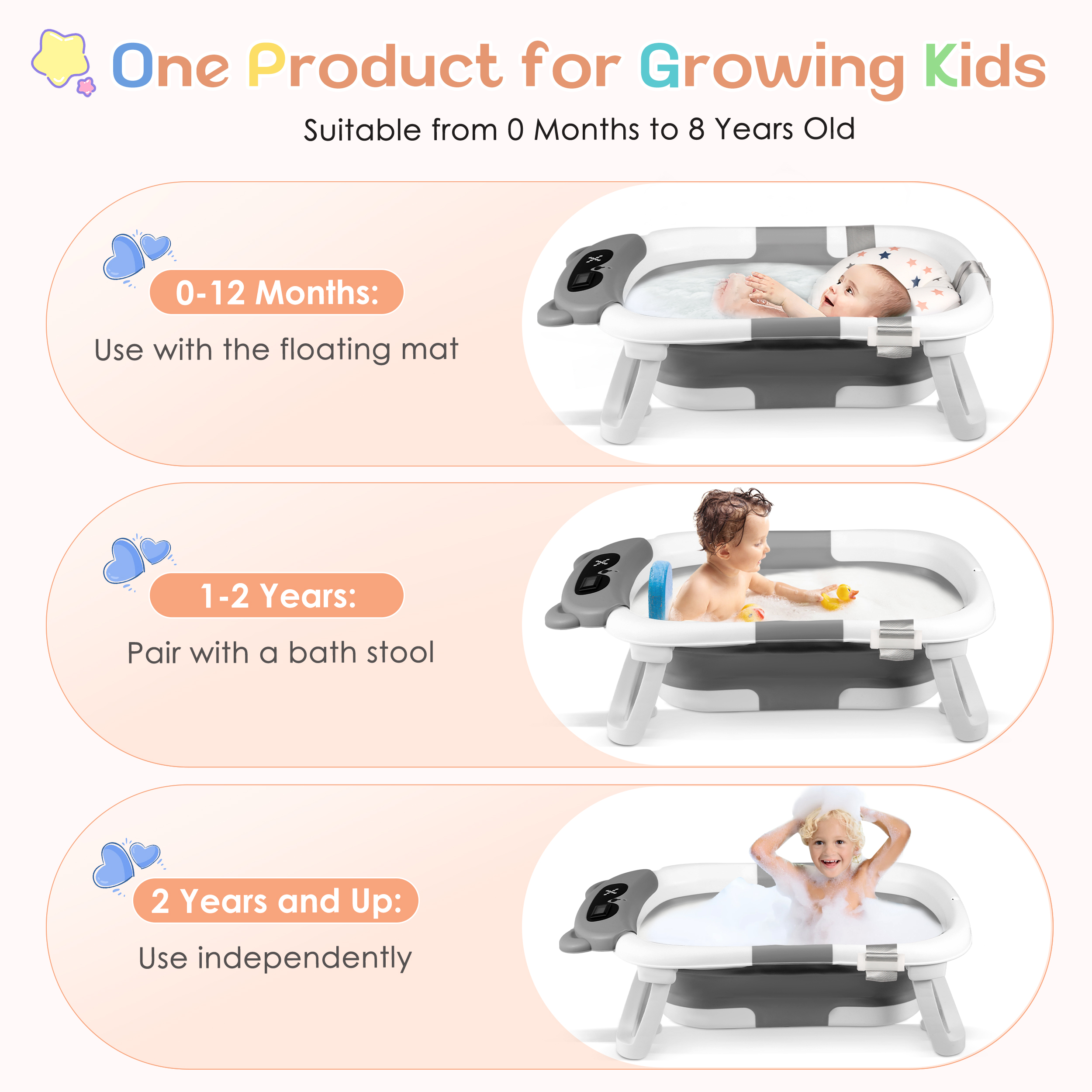 Doulami Collapsible Baby Bathtub, 0-36 Months with Cushion & Thermometer photo 7