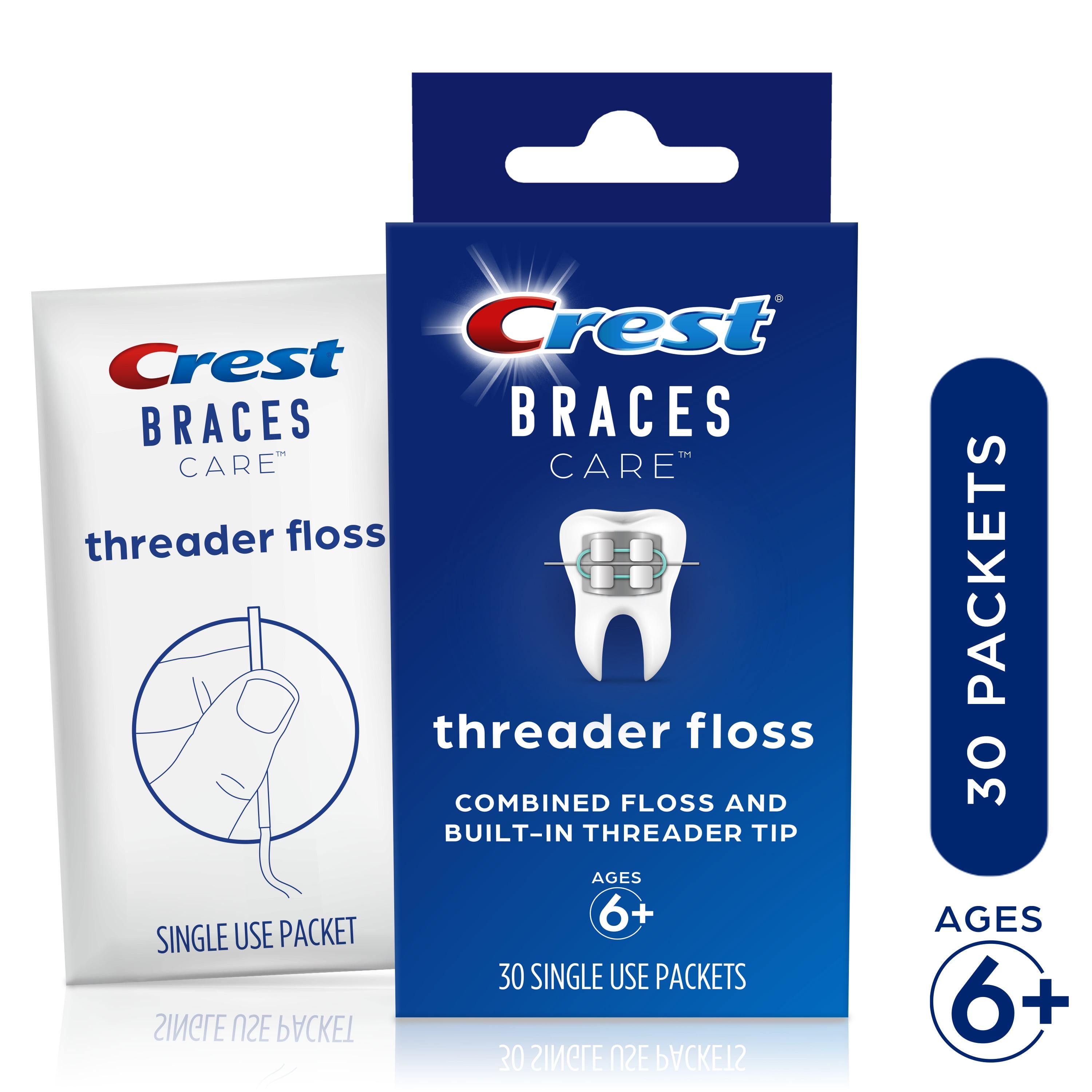Crest Braces Care Threader Floss, (30) SingleUse Packets, For Ages 6