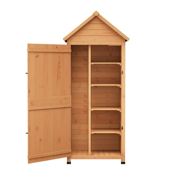 Soonbuy Outdoor Wooden Storage Shed Waterproof, 63"/70" Vertical Outdoor Storage Cabinet with 3 Shelves, Roof Storage & Lockable Door, Space-Saving Garden Tool Shed for Patio, Yard, Lawn