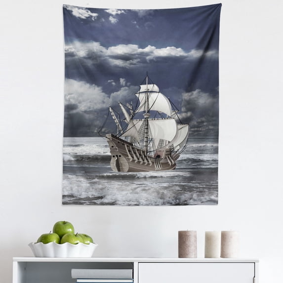 Grey Tapestry, Cloudy Sky Caribbean Pirates Ship Oil Print Like Art Image, Fabric Wall Hanging Decor for Bedroom Living Room Dorm, 5 Sizes, Blue Grey Pale Grey, by Ambesonne