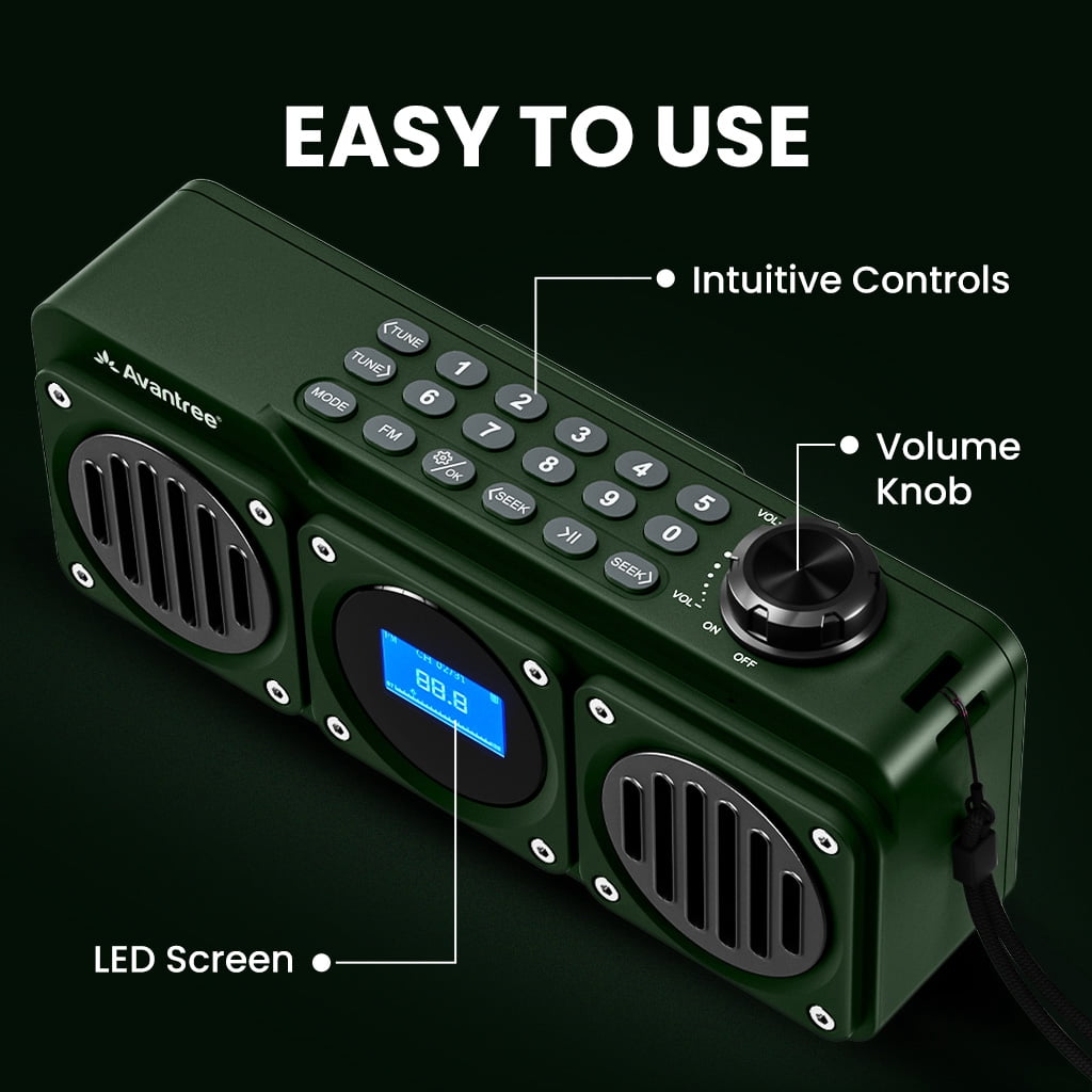 Avantree Boombyte - Portable Digital FM Radio & Bluetooth Speaker with Superb Stereo Sound, Metal Finish, Long Rechargeable Playtime, and Support for Micro SD Card & USB Audio Input - Green
