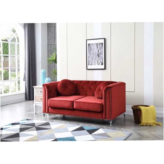 Burgundy Velvet Loveseat Sofa with Sloped Arms for Modern Living Room