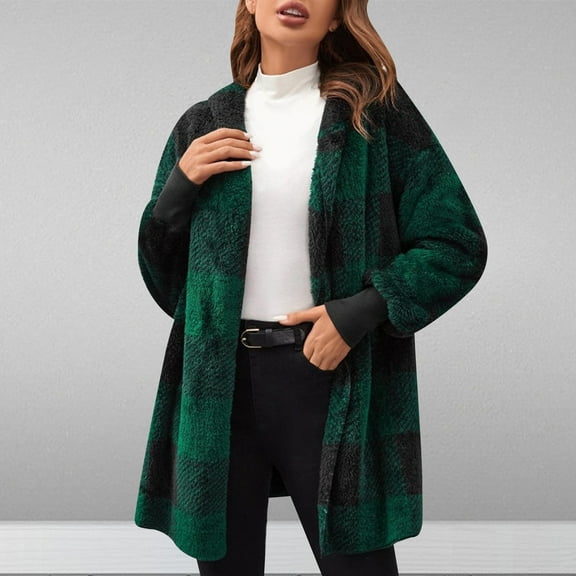 AUNVITO Women's Oversized Faux Shearling Plaid Jacket Long Sleeve Loose Fit Casual Winter Coat