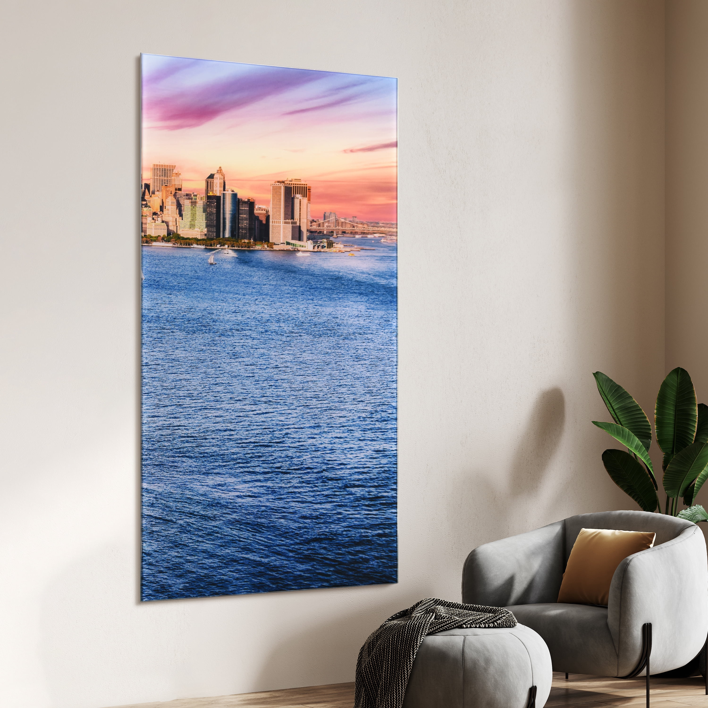 "New York View C" Frameless Free Floating Reverse Printed Tempered Art Glass Wall Art