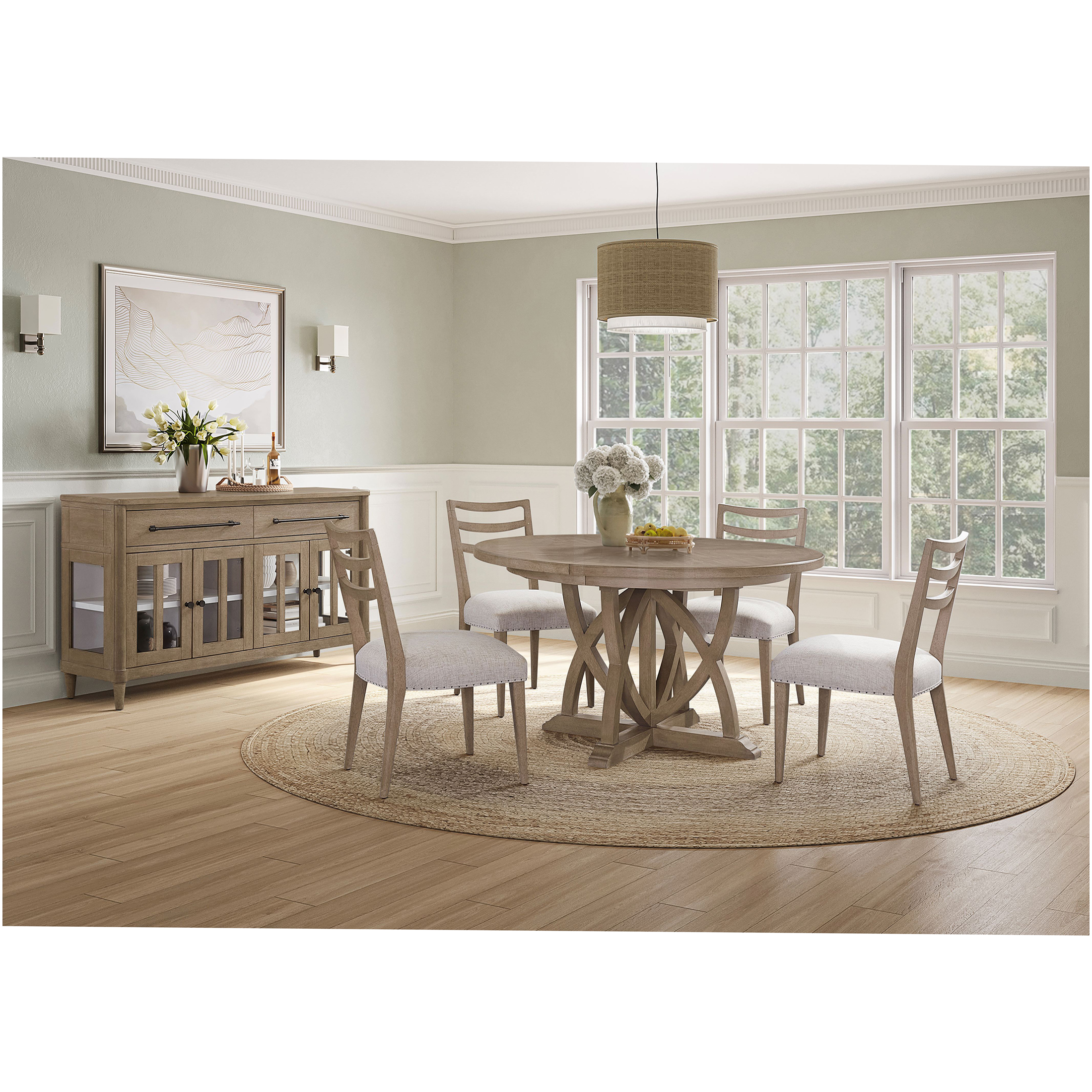 JERFIT Expandable Round Dining Table for 6, Sand Finish, Solid Wood Pedestal Base, Space Saving Extendable Design